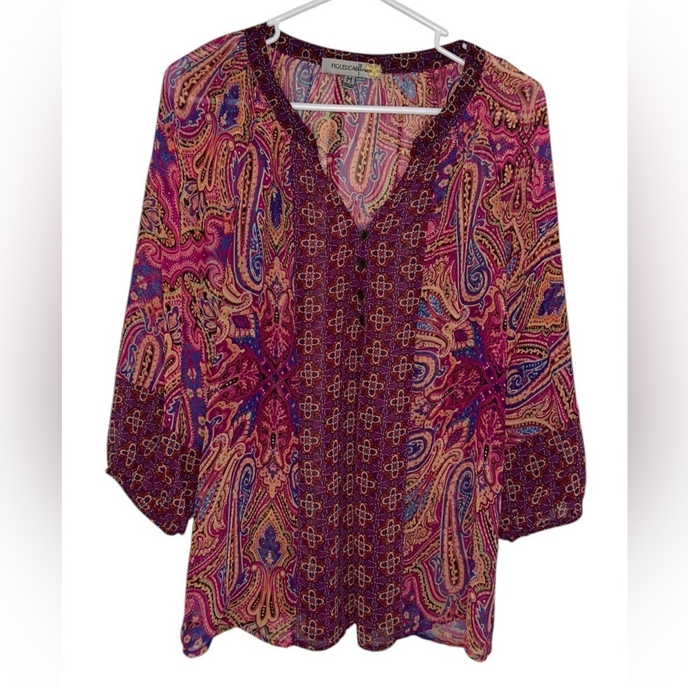 Fig & Flower Anthropologie Floral Paisley Sheer Top Women’s Size Medium Boho